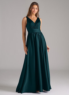 Azazie Kora Bridesmaid Dresses Pine A-Line Pleated Stretch Satin Dress image1