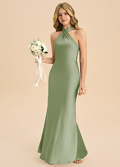 Azazie Chickie Junior Vestido de Salvia Polvorienta de Satén Elástico de Corte Recto con Plisado image4