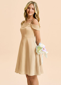 Azazie Anselie Junior Robe Trapèze en Satin extensible Épaules dénudées Or image6