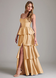 Azazie Faye Bridesmaid Dresses Gold A-Line Ruched Stretch Satin Dress image3