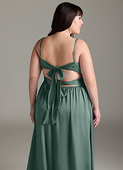 Azazie Zeya Bridesmaid Dresses Eucalyptus A-Line Pleated Stretch Satin Dress image15