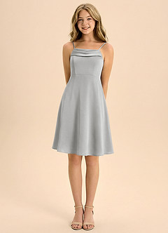 Azazie Anselie Junior Jurk van Stretch Satijn met A-Lijn Geplooid Zilver image5