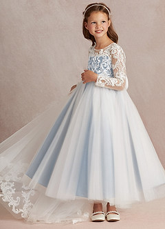Azazie Elodie Flower Girl Dresses Ivory Dusty Blue Ball-Gown Lace Dress image5