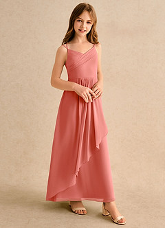 Azazie Zaida Girls Formal Robe Demoiselle D'honneur Fillette Robe Trapèze en Mousseline de soie Plissée Rose Saumon image5