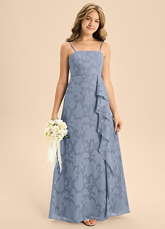 Azazie Kaylee Junior Dusty Blue A-Line with Belt Floral Burnout Dress image3