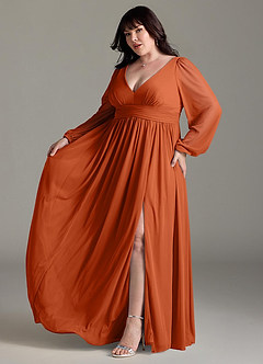 Azazie Norah Bridesmaid Dresses Burnt Orange A-Line V-Neck Long Sleeve Chiffon Dress image10
