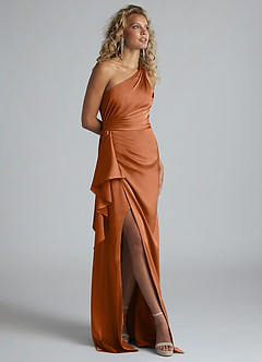 Azazie Maive Bridesmaid Dresses Copper Sheath Ruched Stretch Satin Dress image2
