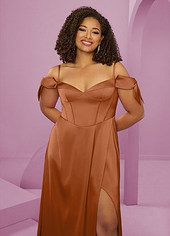 Barbie ♥ Azazie Bridesmaid Dresses Copper A-Line Off the Shoulder Stretch Satin Dress image6