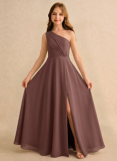 Azazie Puddles Junior Formal Robe Demoiselle D'honneur Fillette Robe Trapèze en Mousseline de soie Une épaule Expresso image5