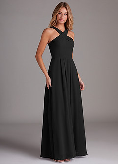 Azazie Dixie Bridesmaid Dresses Black A-Line Halter Pleated Chiffon Dress image4