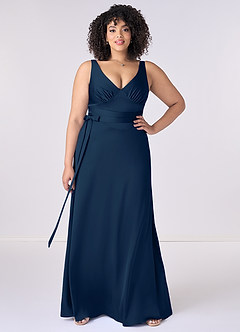 Barbie ♥ Azazie Bridesmaid Dresses Dark Navy A-Line Bow Stretch Satin Dress image6