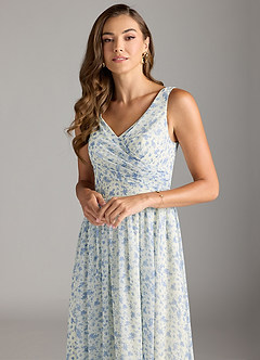 Azazie Keyla Bridesmaid Dresses Blue And White Ditsy Floral A-Line V-Neck Pleated Chiffon Dress image7