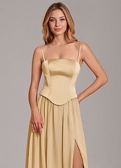 Azazie Cadence Bridesmaid Dresses Gold A-Line Corset Stretch Satin Convertible Dress image2