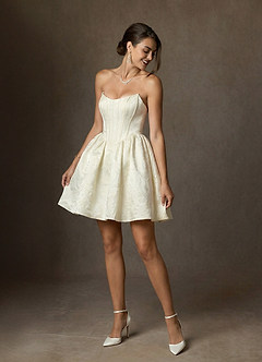 Azazie Demetrius At-home Try On Dresses Antique White A-Line Strapless Floral Jacquard Dress image1