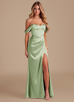 Azazie Asha Robes de demoiselle d'honneur Robe Fourreau en Satiné métallisé Épaule décolletée Vert Sauge image4