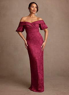 Azazie Golda Mother of the Bride Dresses Burgundy Sheath Off the Shoulder Floral Burnout Dress image1
