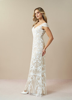 Azazie Devonna Wedding Dresses Diamond White Champagne Sheath V-Neck Sequins Lace Dress image2
