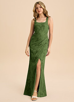 Azazie Mero Junior Olive Sheath Pleated Floral Burnout Dress image3