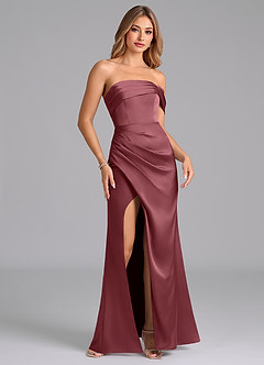 Azazie Lisbeth At-home Try On Dresses Desert Rose Mermaid Off the Shoulder Stretch Satin Convertible Dress image4