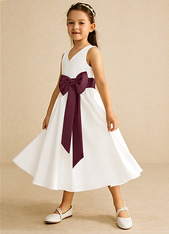 Azazie Darling Flower Girl Dresses Ivory Cabernet A-Line Bow Cotton Dress image3