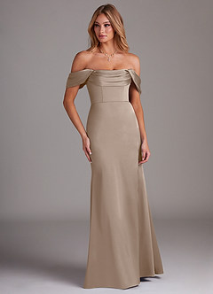 Azazie Saige Bridesmaid Dresses Taupe Sheath Off the Shoulder Stretch Satin Dress image4