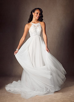 Azazie Odell Vestidos de novia Vestido de Diamante Blanco de Tul de Corte en A con Halter Lentejuelas image2