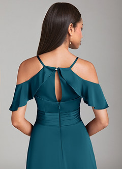 Azazie Dakota Bridesmaid Dresses Ink Blue A-Line Off the Shoulder Stretch Satin Dress image6