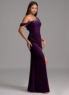 Azazie Madelyn Bridesmaid Dresses Grape Sheath One Shoulder Velvet Dress image3