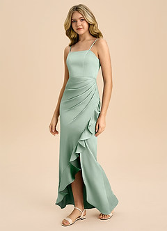 Azazie Buzzy Junior Jurk van Stretch Satijn met Kolom Geplooid Agave image7