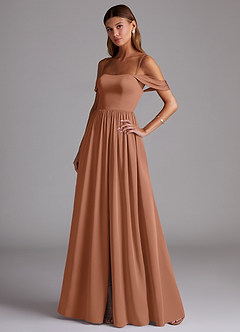 Azazie Calianna Robes de demoiselle d'honneur Robe Trapèze Convertible en Satin extensible Épaule décolletée Bronze image3