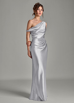 Azazie Emerson Jurken voor bruidsmeisjes Jurk van Metaalachtig Satijn met Zeemeermin Off-shoulder Zilver image5