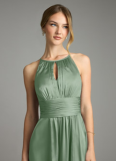 Azazie Bonnie Bridesmaid Dresses Matcha A-Line Pleated Stretch Satin Dress image2