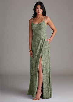 Azazie Moira Bridesmaid Dresses Pistachio A-Line Side Slit Floral Burnout Dress image3