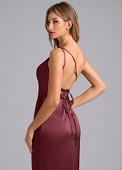 Azazie Naria Probar vestidos en casa Vestido de Azul Polvoriento de Satén Elástico de Corte Recto con Hombro unilateral image2