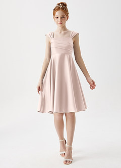 Azazie Amira Junior Blushing Pink A-Line Pleated Stretch Satin Dress image1