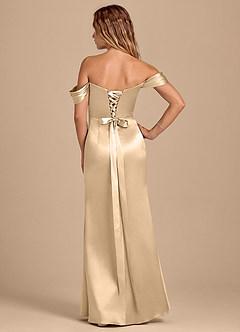 Azazie Shea Bridesmaid Dresses Gold Mermaid Off the Shoulder Metallic Satin Convertible Dress image4