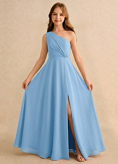 Azazie Puddles Girls Formal Robe Demoiselle D'honneur Fillette Robe Trapèze en Mousseline de soie Une épaule Poudre Bleue image5