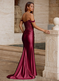 Wrentino Burgundy Embroidered Appliqué Satin Prom Dress image5