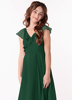 Azazie Posie Junior Dark Green A-Line Ruched Chiffon Dress image6