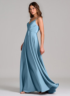 Azazie Amani Vestidos de damas de honor Vestido de Azul Acero de Satén Elástico de Corte en A con Plisado image3