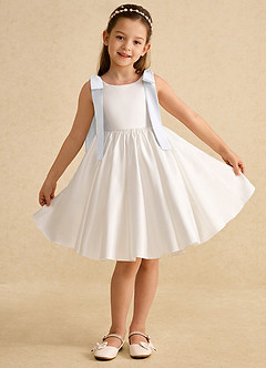 Azazie Stacie vestidos de niña de las flores Vestido de Marfil Blanco de Satin Mate de Corte En A con Lazo image1
