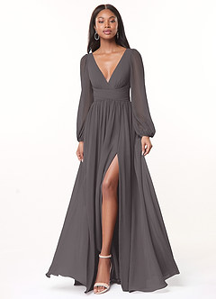 Azazie Norah Bridesmaid Dresses Steel Grey A-Line V-Neck Long Sleeve Chiffon Dress image1