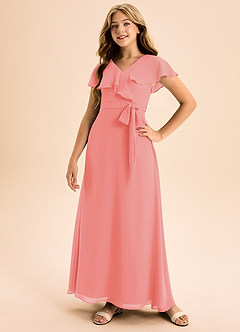 Azazie Lainey Junior Abito A-Line in Chiffon Con Tasche Corallo image5