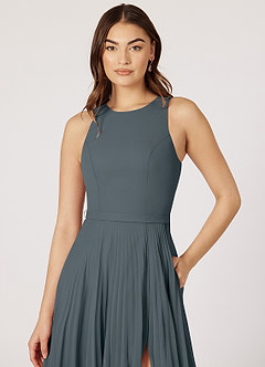 Azazie Lindie Final Sale Pewter A-Line Scoop Pleated Chiffon Dress image12