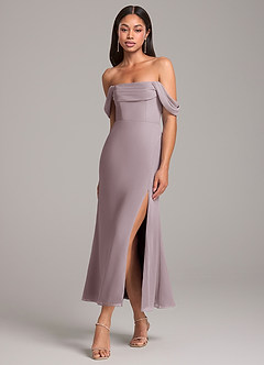 Azazie Saige Robes de demoiselle d'honneur Robe Fourreau Convertible en Mousseline de soie Épaule décolletée Crépuscule image3