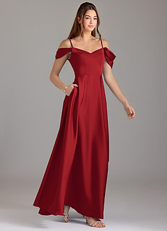 Azazie Marley Bridesmaid Dresses Pomegranate A-Line Off the Shoulder Stretch Satin Convertible Dress image4