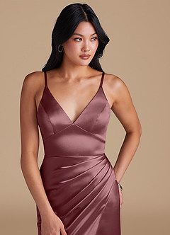 Azazie Shania Bridesmaid Dresses Vintage Mauve Sheath Pleated Metallic Satin Dress image3
