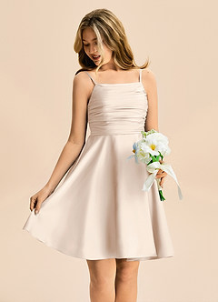 Azazie Miko Junior White Alabaster A-Line Pleated Stretch Satin Dress image4