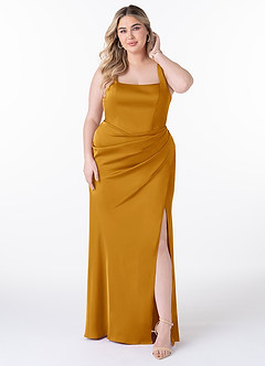 Azazie Mero Vestidos de damas de honor Vestido de Caramelo de Satén Elástico de Corte Recto con Plisado image6