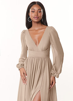 Azazie Norah Brautjungfernkleider A-Linie Lange Ärmel mit V-Ausschnitt Chiffon Kleid Taupe image5